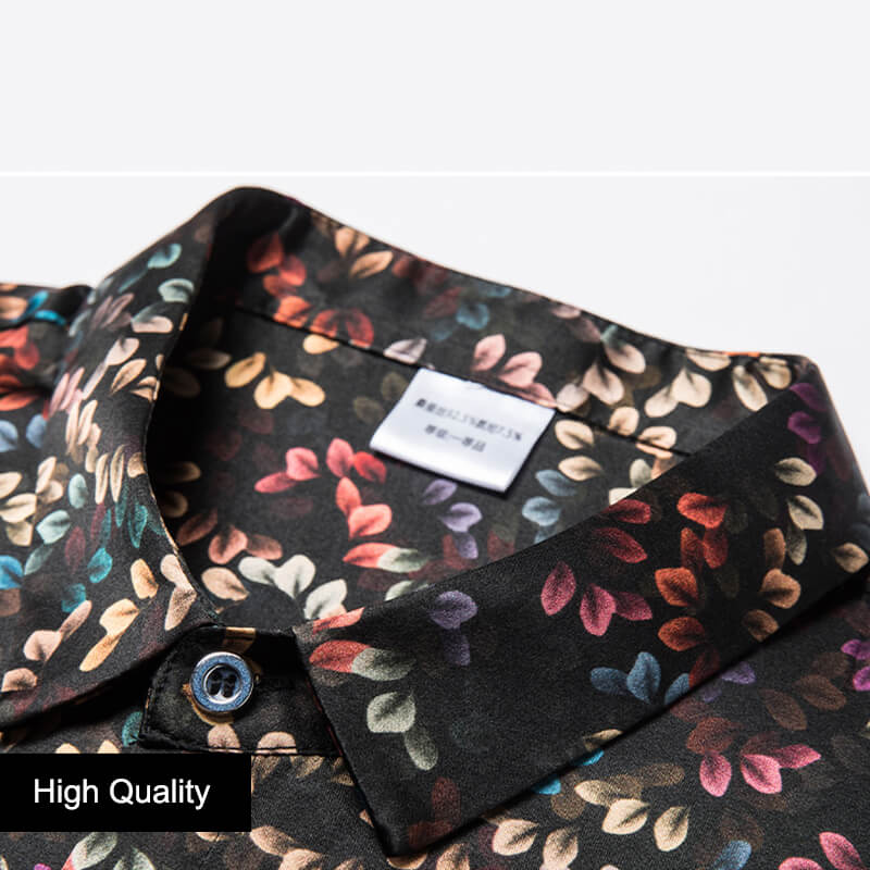 Multicolored Leaves Print Men's Short Sleeve Silk Shirt