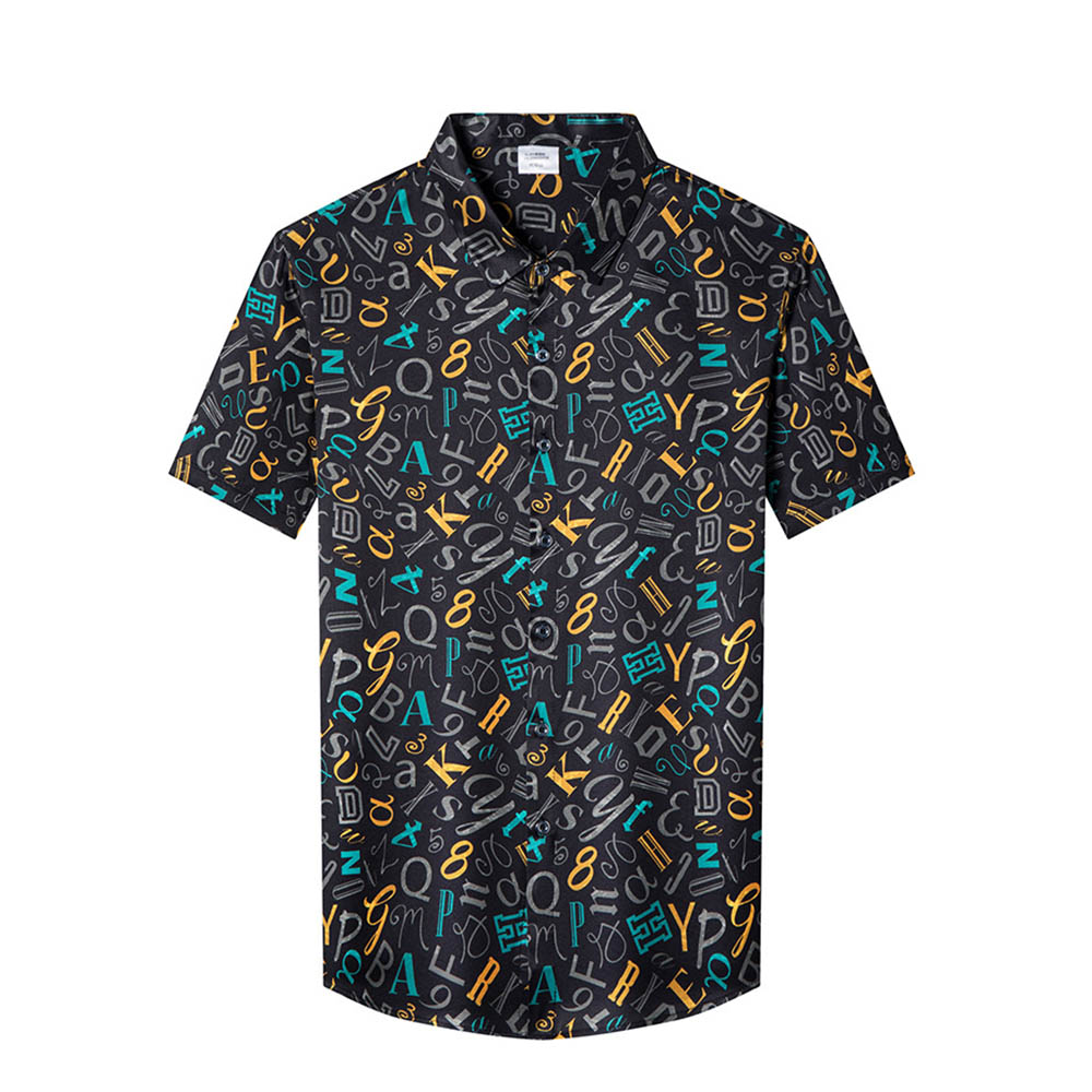 Fun Colorful Letter Print Short Sleeve Summer Silk Shirt For Men