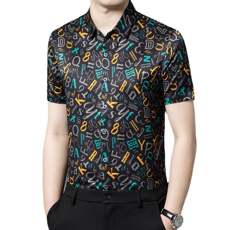 Fun Colorful Letter Print Short Sleeve Summer Silk Shirt For Men