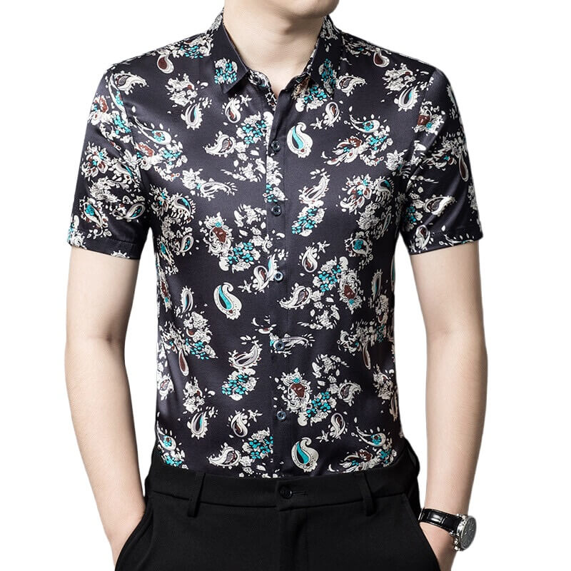 Men's Black Short Sleeve Paisley Print Stretch Silk Shirt