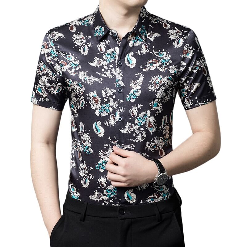 Men's Black Short Sleeve Paisley Print Stretch Silk Shirt