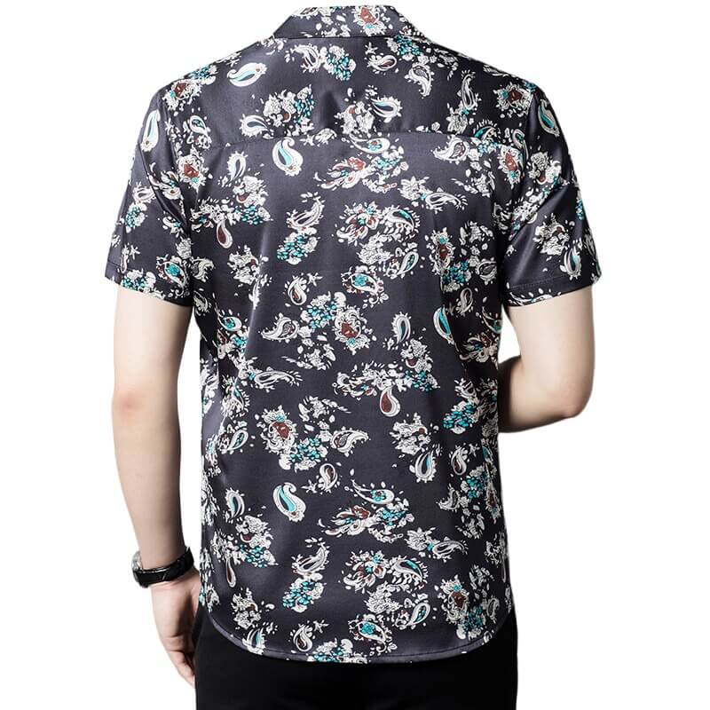 Men's Black Short Sleeve Paisley Print Stretch Silk Shirt