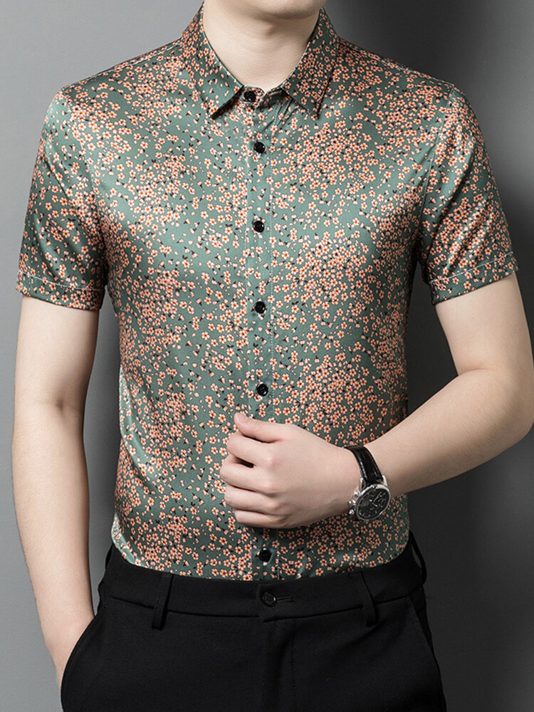 Elegant Men's Green Silk Floral Blossom Short Sleeve Shirt