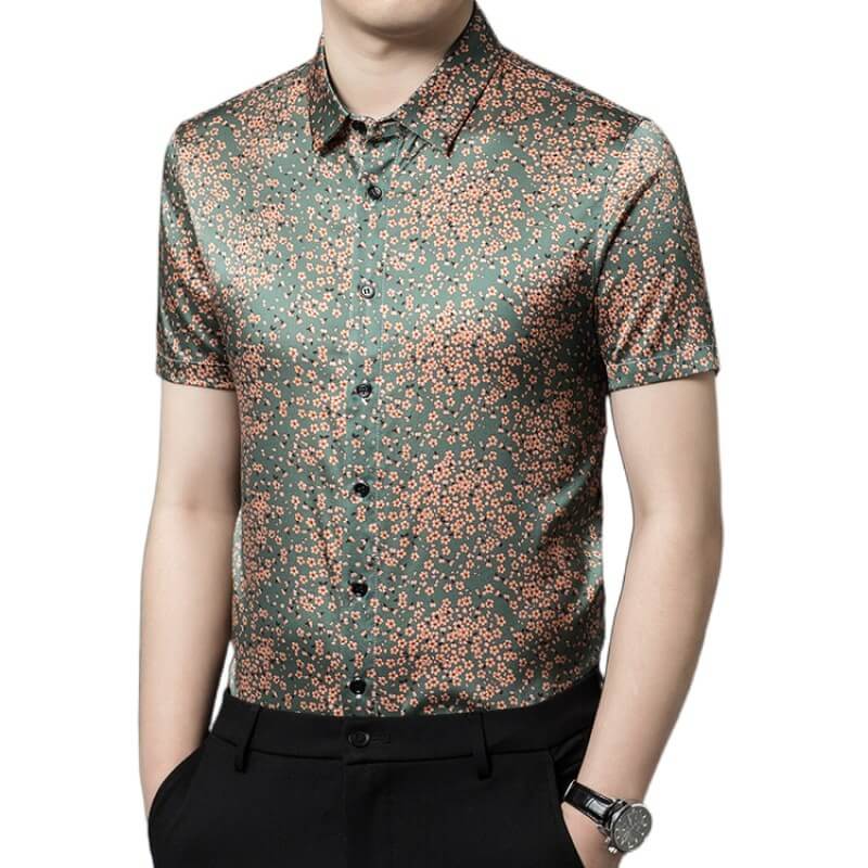 Cherry Blossom Printed Short Sleeve Button up Silk Dress Shirt