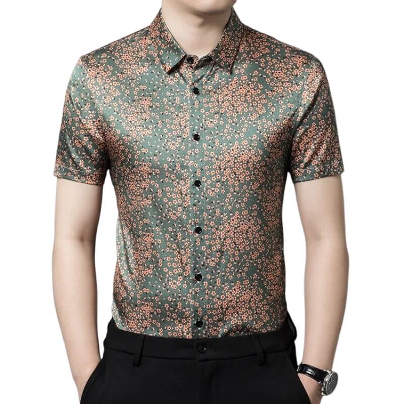 Cherry Blossom Printed Short Sleeve Button up Silk Dress Shirt