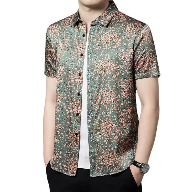 Cherry Blossom Printed Short Sleeve Button up Silk Dress Shirt