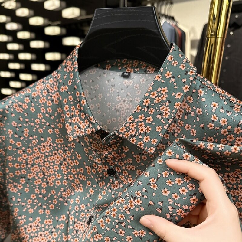 Cherry Blossom Printed Short Sleeve Button up Silk Dress Shirt