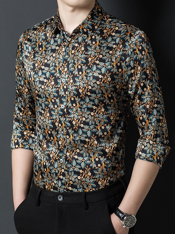 Men's Long Sleeved Gold and Teal Floral Print Black Silk Shirt