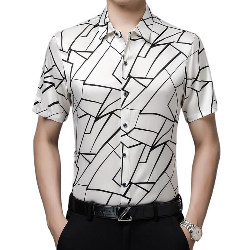 Men's Line Print Short Sleeve Silk Shirt