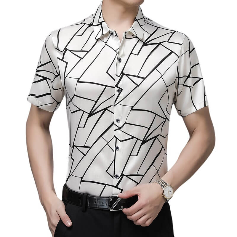 Men's Line Print Short Sleeve Silk Shirt