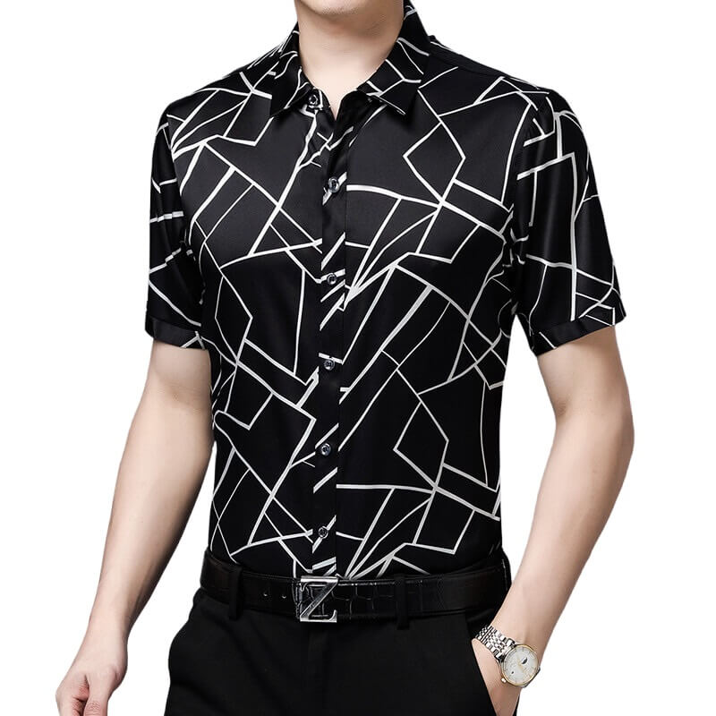 Men's Line Print Short Sleeve Silk Shirt