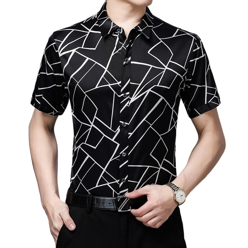 Men's Line Print Short Sleeve Silk Shirt