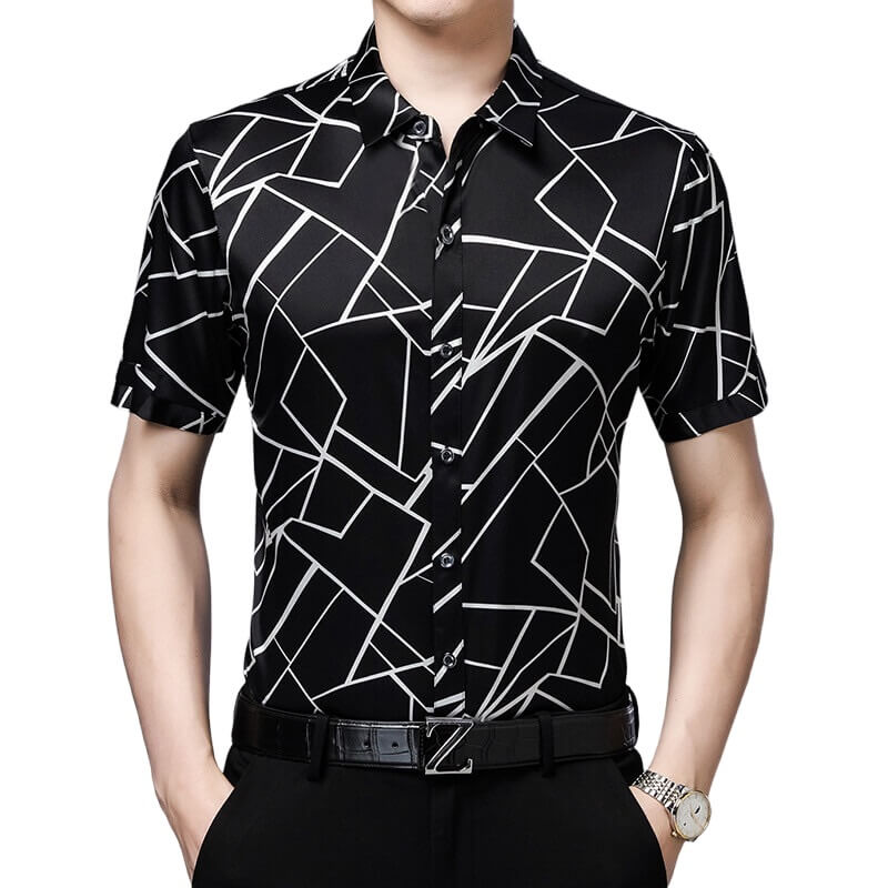 Men's Line Print Short Sleeve Silk Shirt