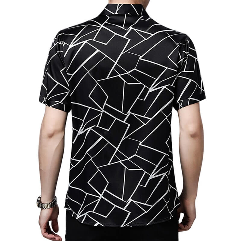 Men's Line Print Short Sleeve Silk Shirt