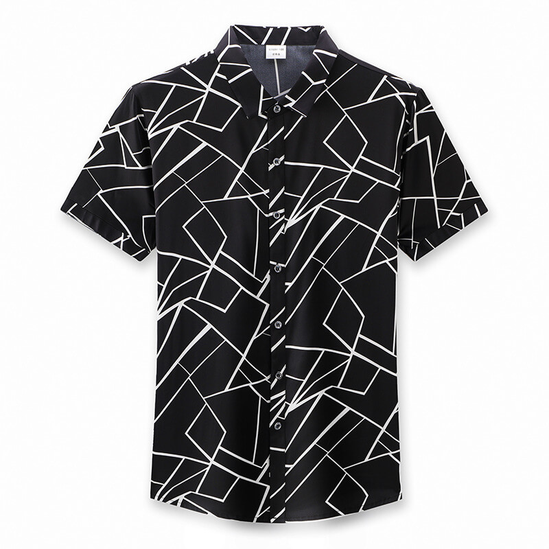 Men's Line Print Short Sleeve Silk Shirt