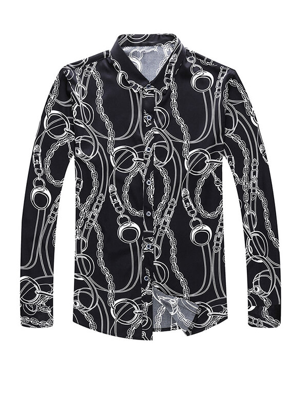 Black Print Long Sleeve Silk Shirt with Metal Chain Detail
