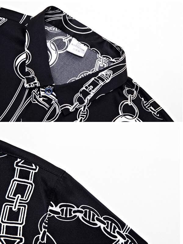 Black Print Long Sleeve Silk Shirt with Metal Chain Detail