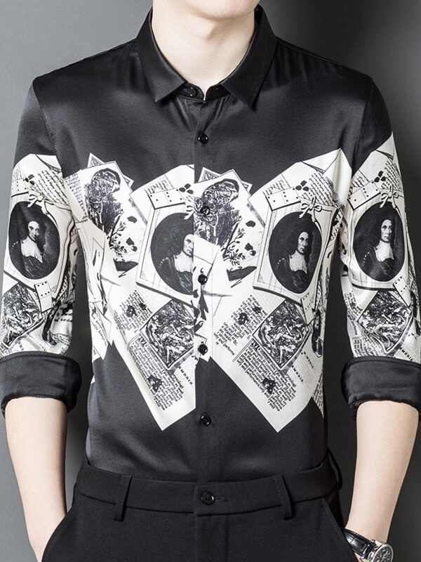 Men's Black & White Vintage Portrait Print Silk Shirt