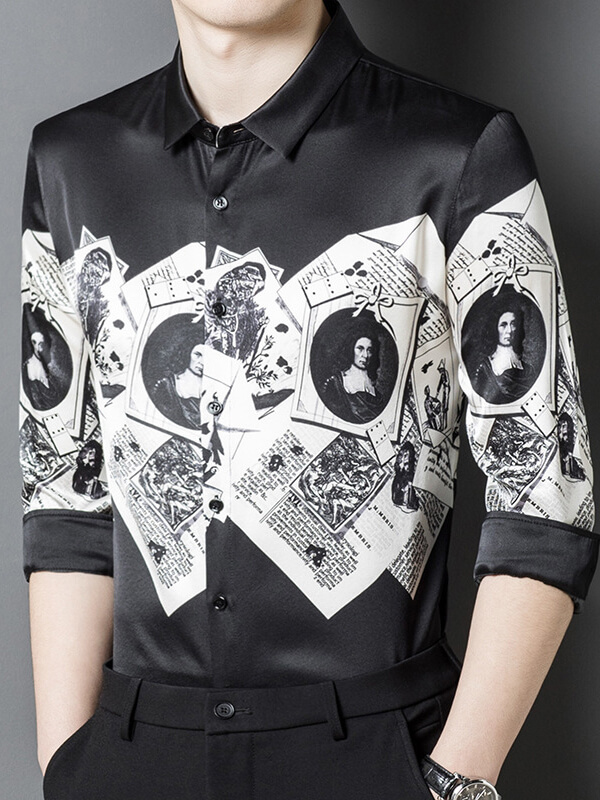 Men's Black & White Vintage Portrait Print Silk Shirt