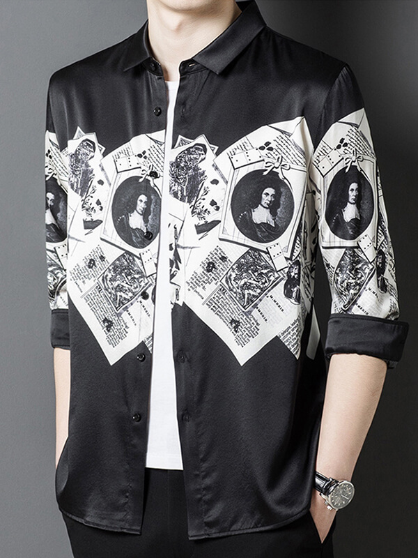 Men's Black & White Vintage Portrait Print Silk Shirt