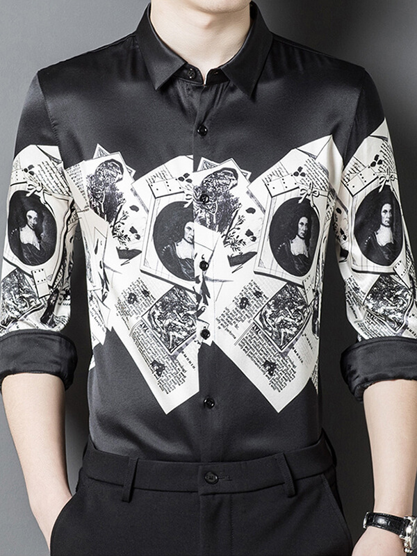 Men's Black & White Vintage Portrait Print Silk Shirt