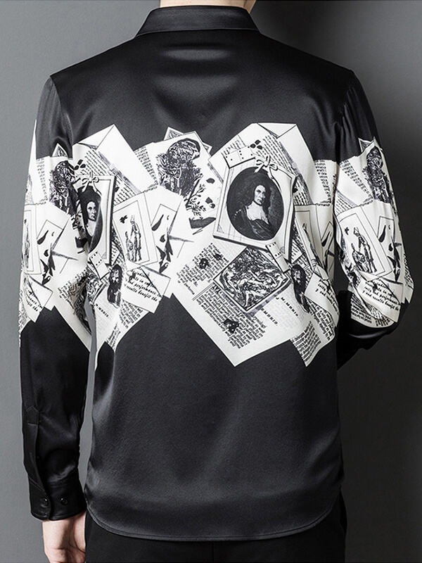 Men's Black & White Vintage Portrait Print Silk Shirt