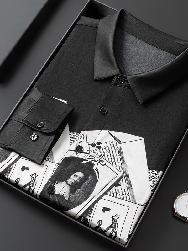 Men's Black & White Vintage Portrait Print Silk Shirt