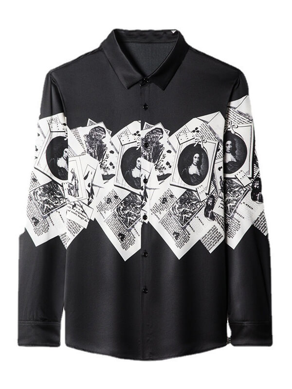 Men's Black & White Vintage Portrait Print Silk Shirt