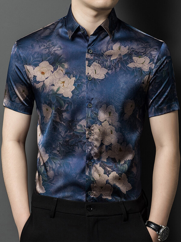 Men's Luxurious Blue Floral Print Short Sleeve Silk Shirt