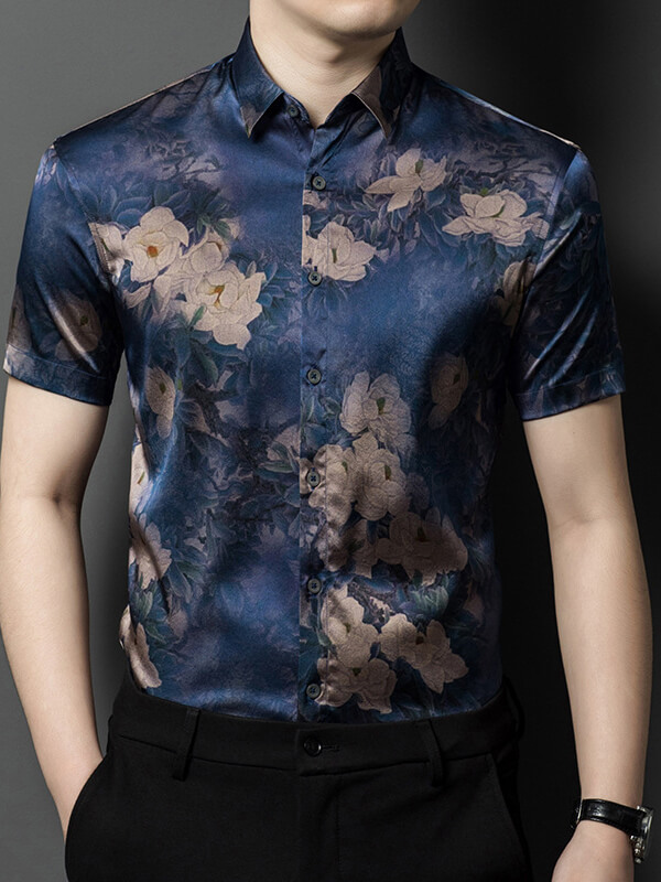 Men's Luxurious Blue Floral Print Short Sleeve Silk Shirt