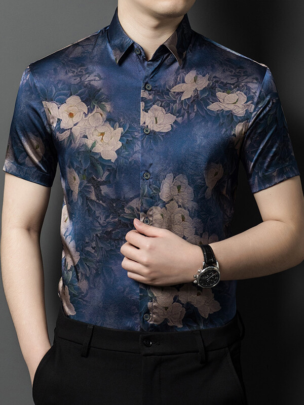 Men's Luxurious Blue Floral Print Short Sleeve Silk Shirt