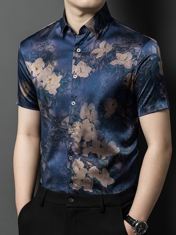 Men's Luxurious Blue Floral Print Short Sleeve Silk Shirt