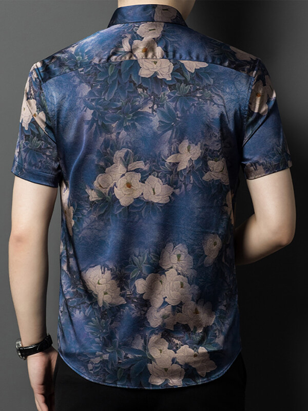 Men's Luxurious Blue Floral Print Short Sleeve Silk Shirt