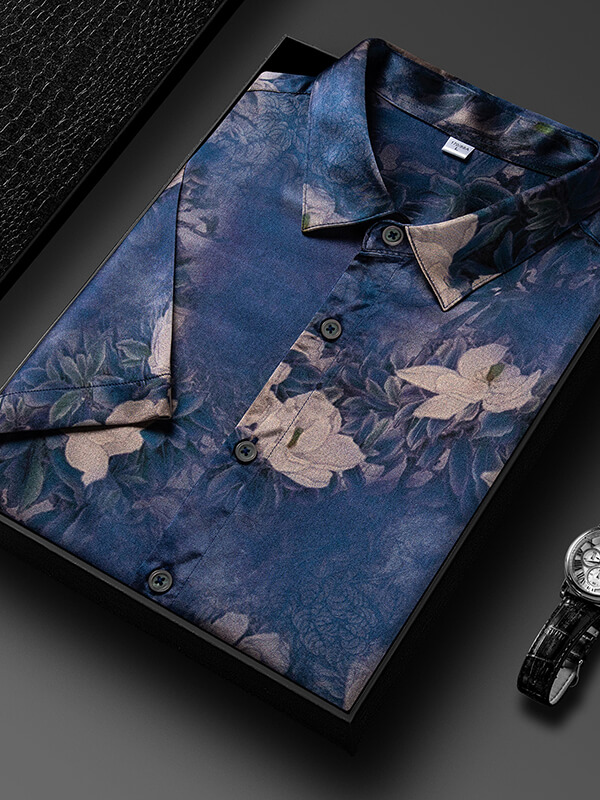 Men's Luxurious Blue Floral Print Short Sleeve Silk Shirt