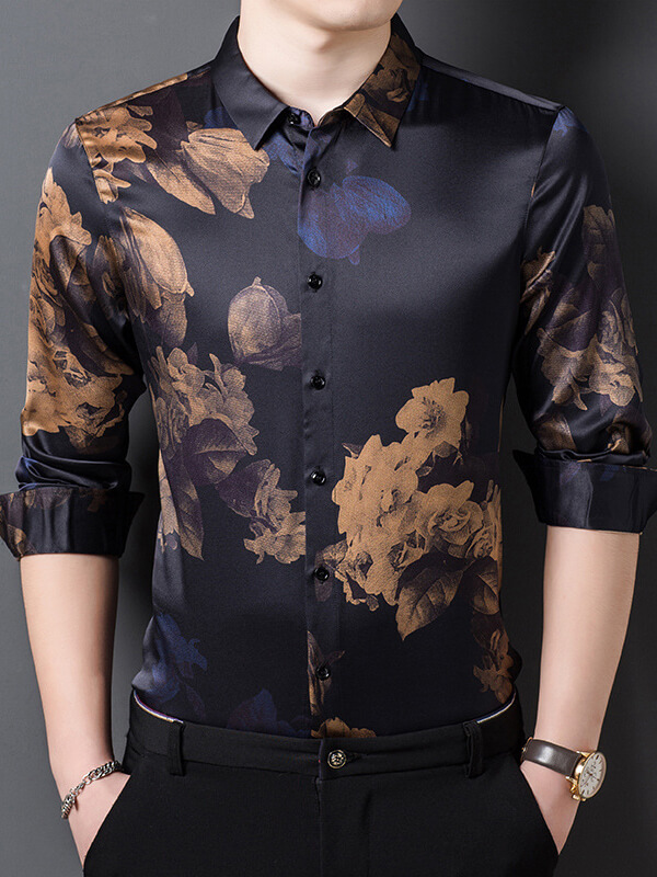 Men's Luxury Long Sleeve Button-Down Floral Silk Shirt