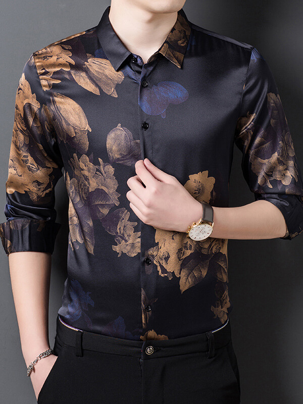 Men's Luxury Long Sleeve Button-Down Floral Silk Shirt