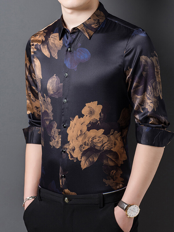 Men's Luxury Long Sleeve Button-Down Floral Silk Shirt