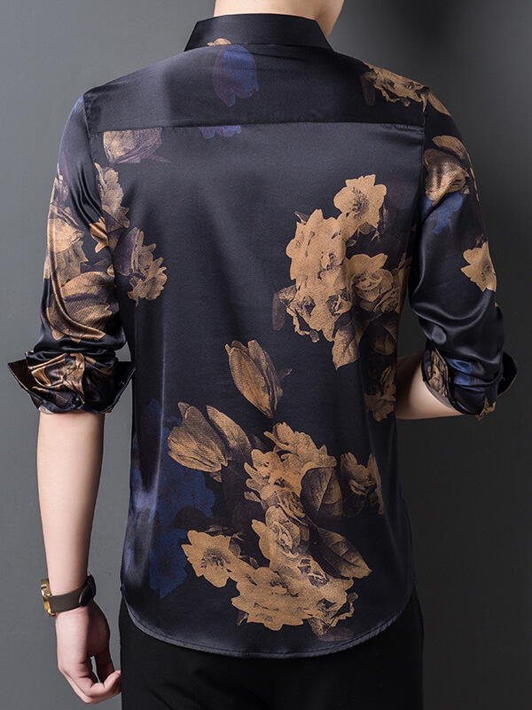 Men's Luxury Long Sleeve Button-Down Floral Silk Shirt