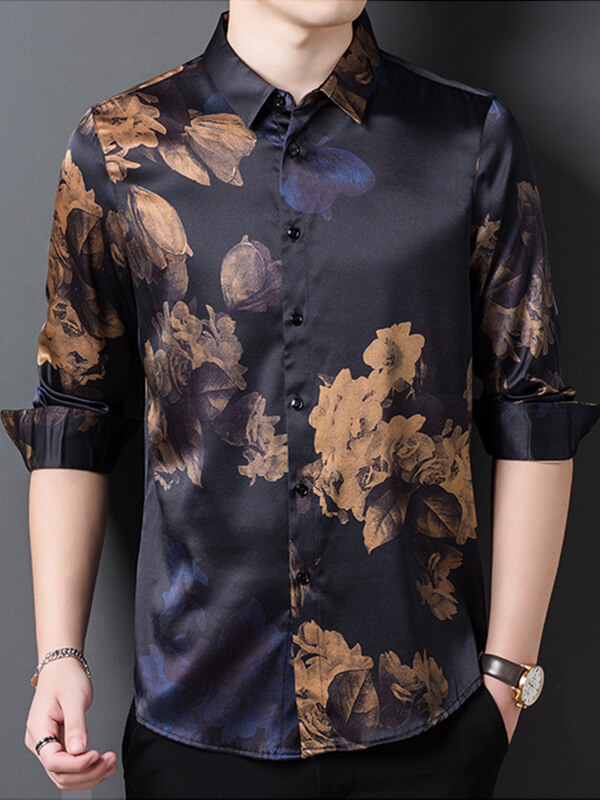 Men's Luxury Long Sleeve Button-Down Floral Silk Shirt