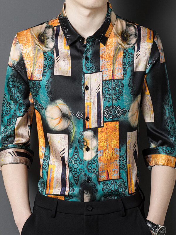 Men’s Artistic Floral Print Silk Shirt Geometric Patterns