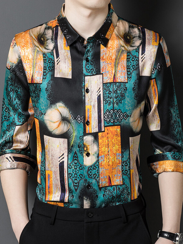 Men’s Artistic Floral Print Silk Shirt Geometric Patterns