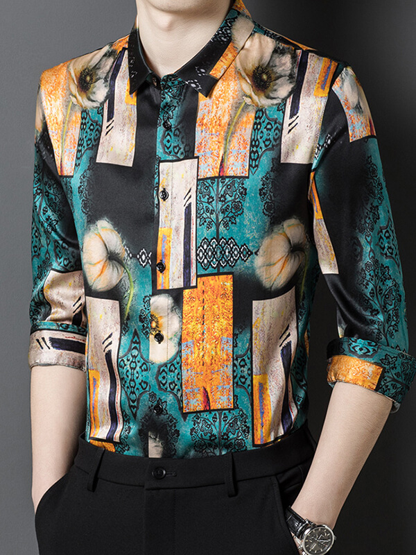 Men’s Artistic Floral Print Silk Shirt Geometric Patterns