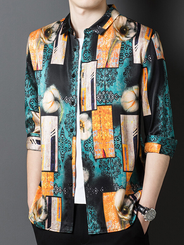 Men’s Artistic Floral Print Silk Shirt Geometric Patterns