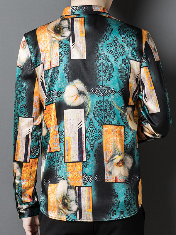 Men’s Artistic Floral Print Silk Shirt Geometric Patterns