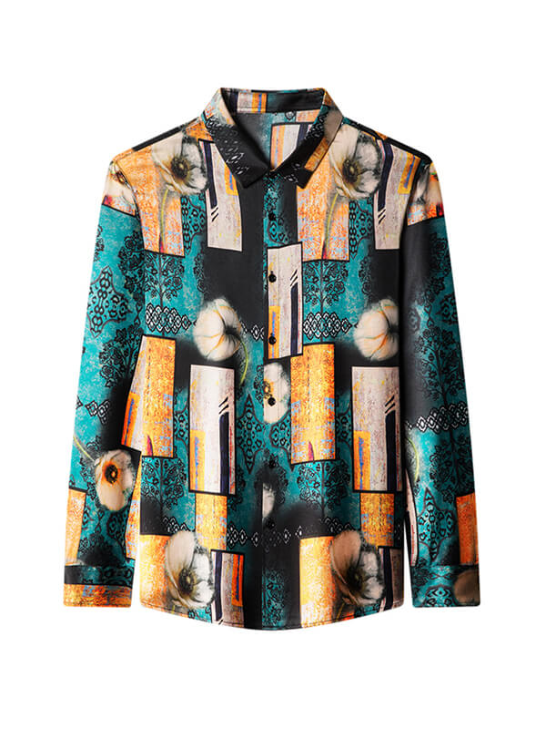 Men’s Artistic Floral Print Silk Shirt Geometric Patterns