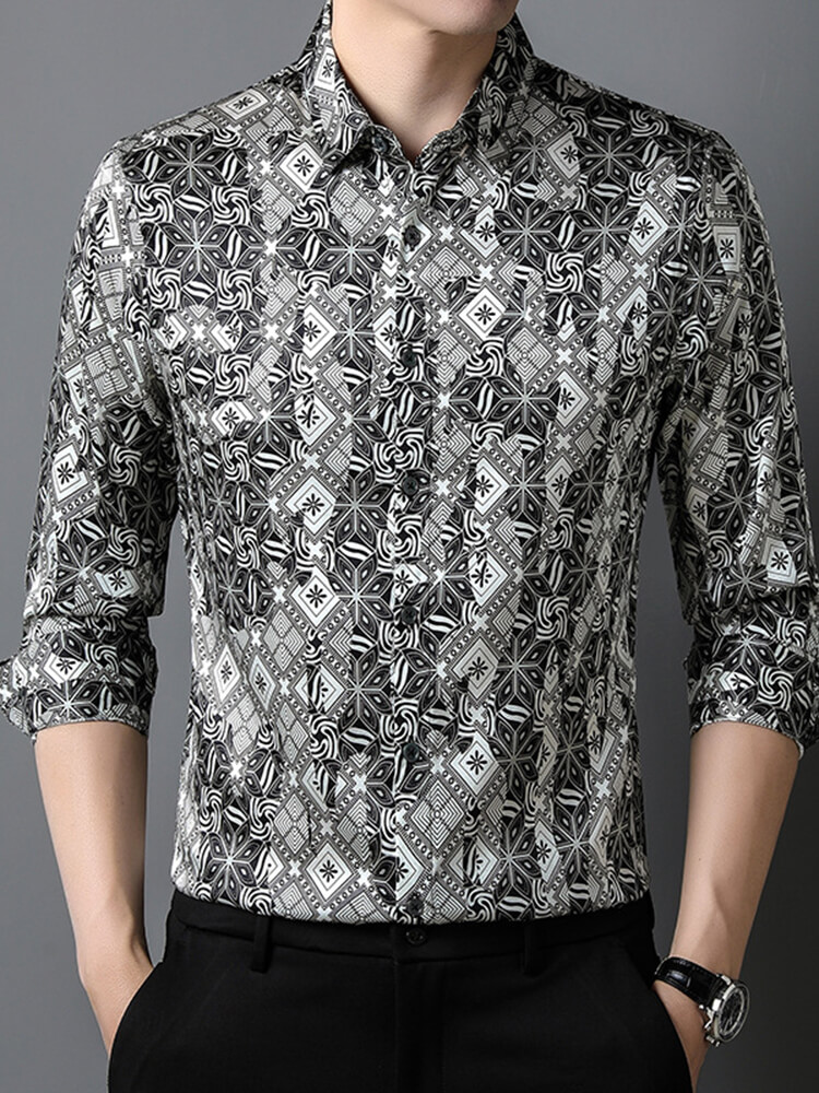 Men's Black and White Geometric Pattern Silk Dress Shirt