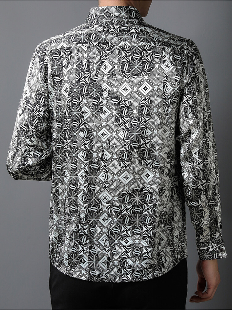 Men's Black and White Geometric Pattern Silk Dress Shirt