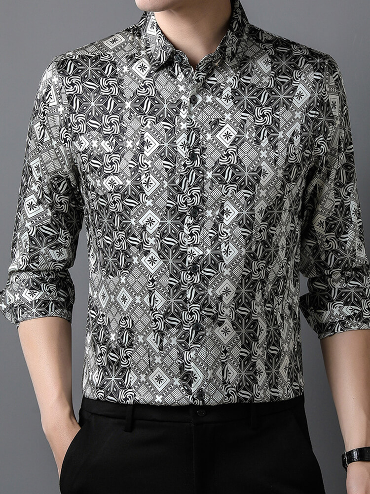 Men's Black and White Geometric Pattern Silk Dress Shirt