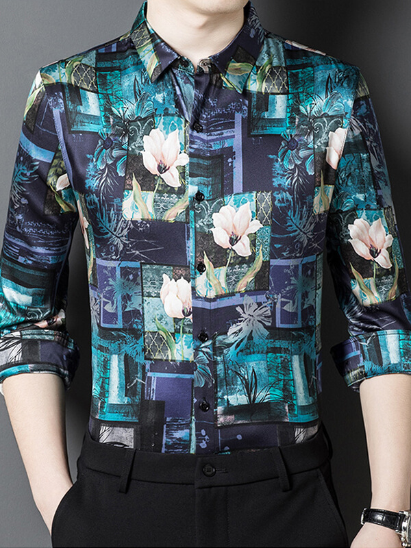 Turquoise & Midnight Blue Pink Blossoms Floral Mosaic Silk Shirt