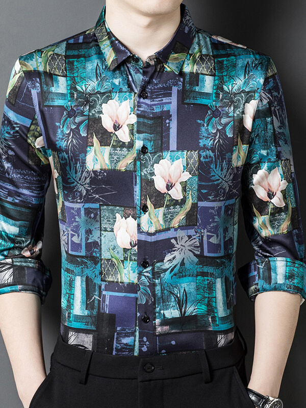 Turquoise & Midnight Blue Pink Blossoms Floral Mosaic Silk Shirt